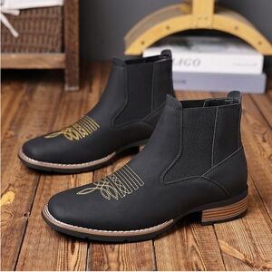 Santimon Men Square Toe Chelsea Boots Ankle High Slip-On Anti-Slip Boots, Black